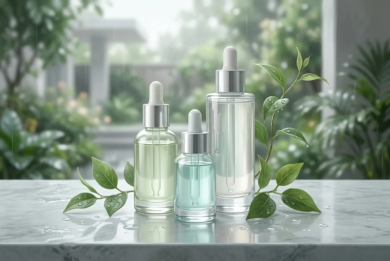 Three translucent botanical serum bottles on a dew-covered pale stone vanity with green leaves and soft garden light in Concept Art style.