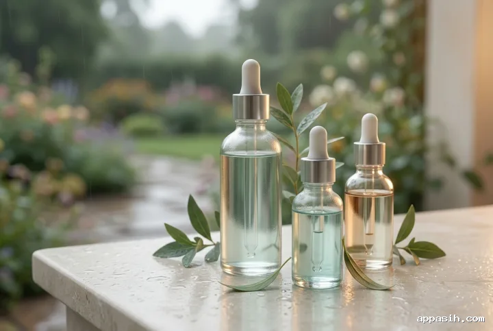 Three translucent botanical serum bottles viewed from a closer three-quarter angle on the same rain-damp stone vanity with leaves, droplets, and softly glowing garden light in detailed Concept Art style.