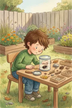 Young explorer observing a beetle and natural specimens at a backyard learning table in a colorful children's book illustration.