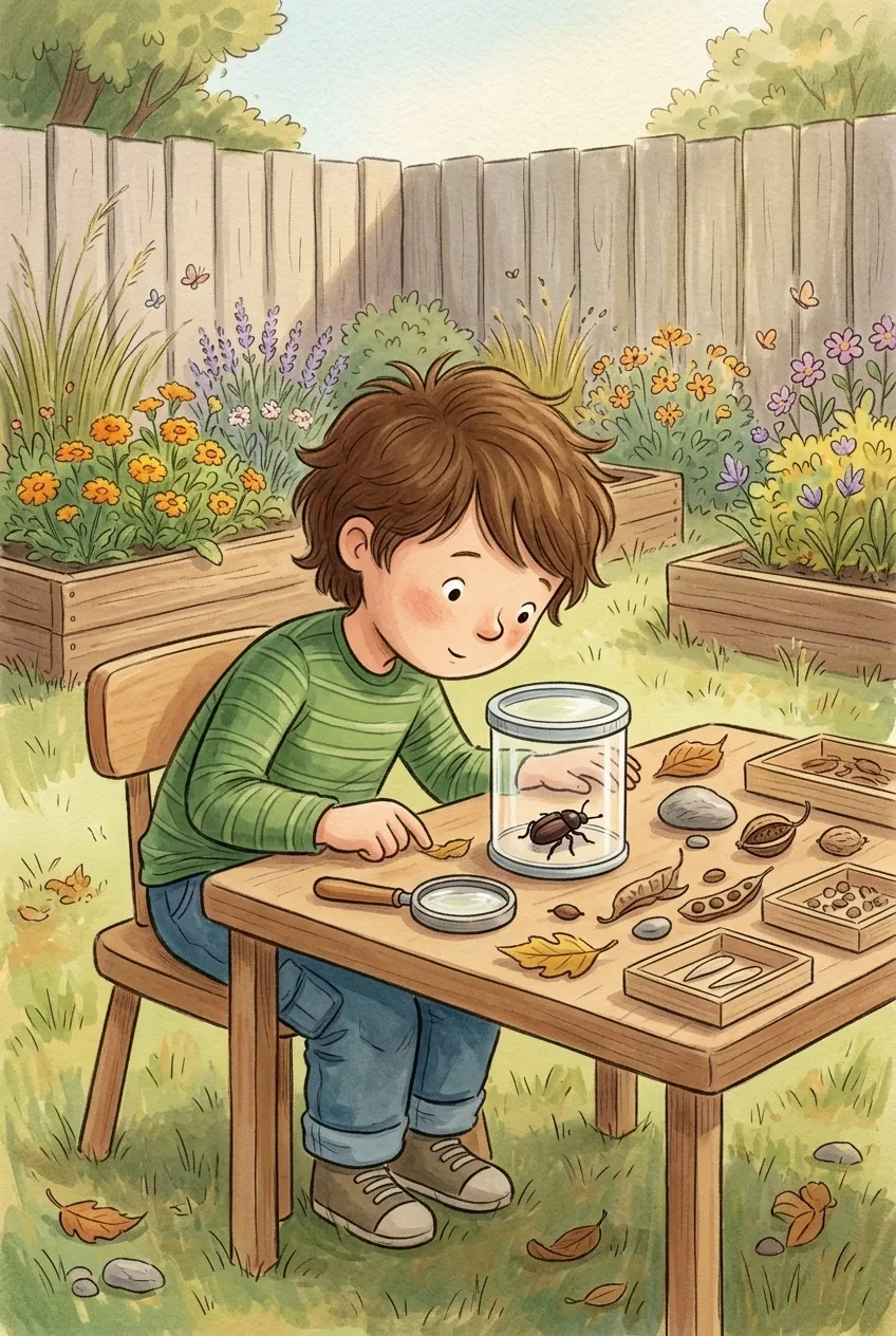 Young explorer observing a beetle and natural specimens at a backyard learning table in a colorful children's book illustration.