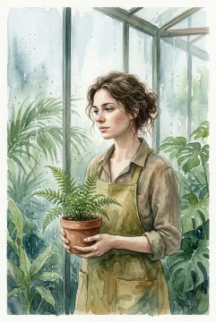Watercolor portrait of a botanist holding a small fern inside a rainy glass conservatory surrounded by soft green foliage.