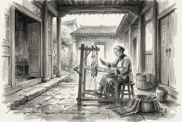 Ink wash drawing of a traditional artisan weaving cloth at a wooden handloom inside a rain-soaked heritage courtyard with timber columns and woven baskets.