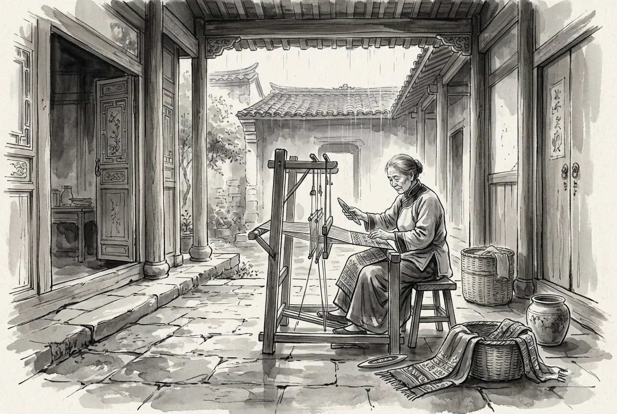 Ink wash drawing of a traditional artisan weaving cloth at a wooden handloom inside a rain-soaked heritage courtyard with timber columns and woven baskets.