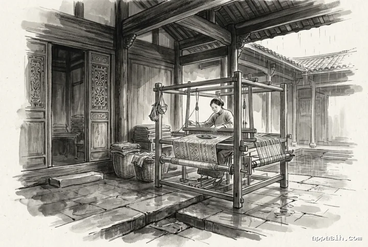 Closer ink wash drawing of the same traditional artisan guiding a loom shuttle in a timber heritage courtyard with woven baskets, hanging textiles, and rain-darkened stone paving.