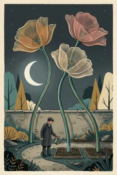 A moonlit gardener watering three giant translucent glass poppies in a surreal walled garden, illustrated with muted vintage colors and textured retro print details.