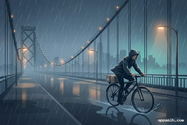 Bicycle courier leaning into wind on the same rain-soaked suspension bridge at midnight, carrying a sealed parcel through mist and amber reflections in detailed vector illustration.