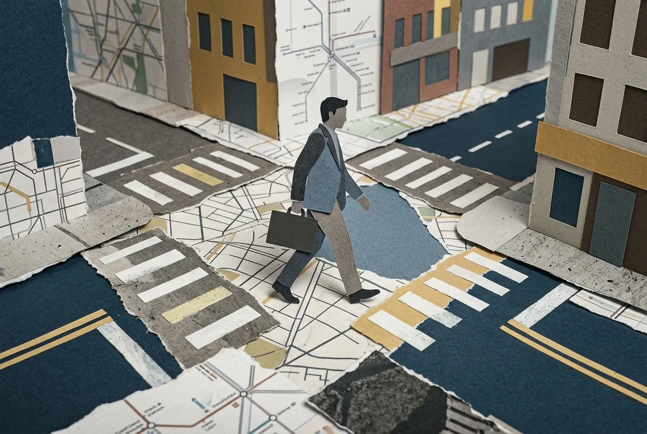 Paper commuter carrying a briefcase across a fragmented city intersection made from torn maps, concrete textures, and layered mixed-media collage pieces.