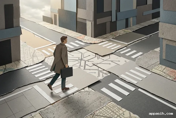Paper commuter stepping across disconnected sections of a fragmented city intersection with torn map pieces, concrete textures, layered paper architecture, and tactile mixed-media collage detail.