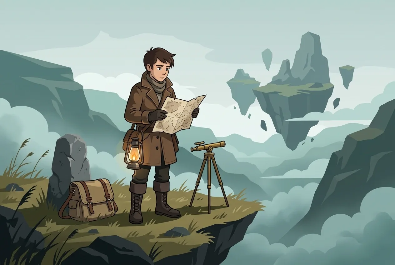 Lantern cartographer studying a map beside a brass surveying tripod on a floating island above a misty valley in 2D vector illustration style.