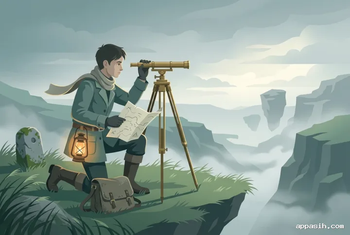 Young lantern cartographer adjusting a brass surveying tripod while holding a map on the same floating island above a misty valley, rendered as a detailed 2D vector illustration.