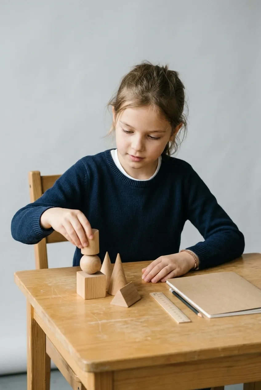 Young student arranging wooden geometric solids on a learning desk during a hands-on spatial reasoning activity.