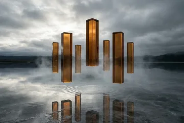 Seven translucent amber glass monoliths hovering above a reflective salt basin with mist, ripples, and cinematic directional light.
