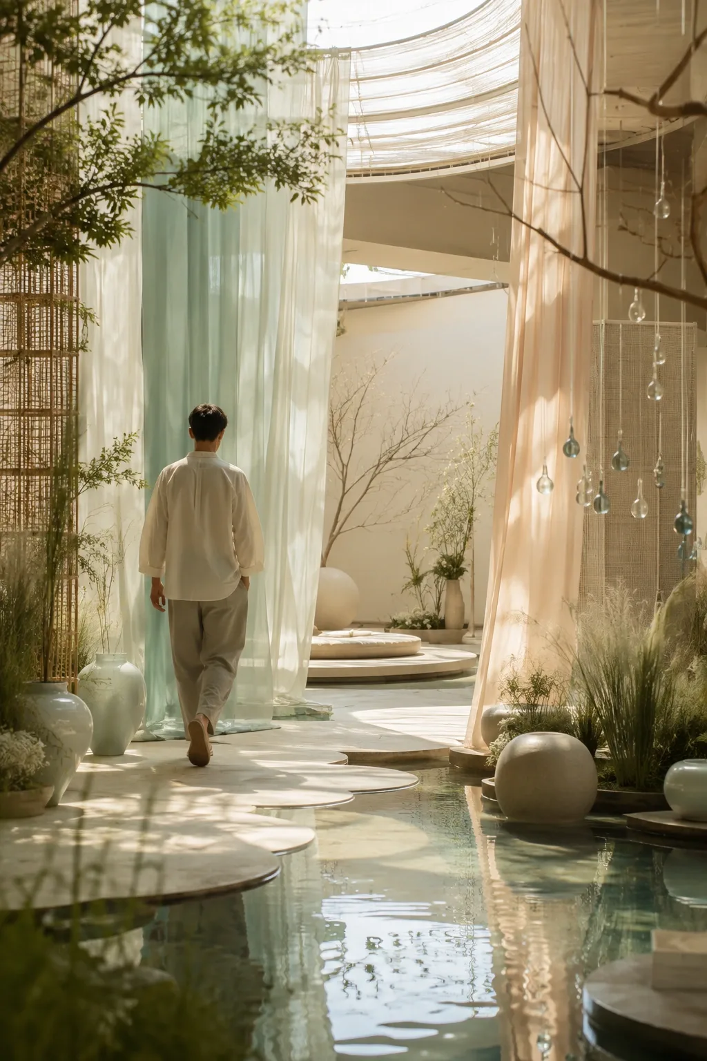 Anonymous adult walking through translucent fabric thresholds in a serene indoor garden symbolizing intentional pauses and protected attention.