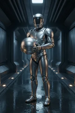 Chrome metallic 3D astral courier holding a spherical orbital parcel in a rain-slick futuristic transit corridor.