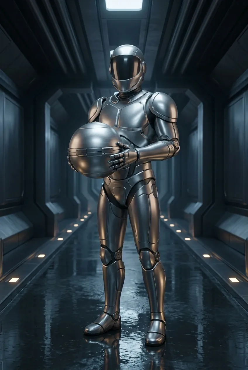 Chrome metallic 3D astral courier holding a spherical orbital parcel in a rain-slick futuristic transit corridor.