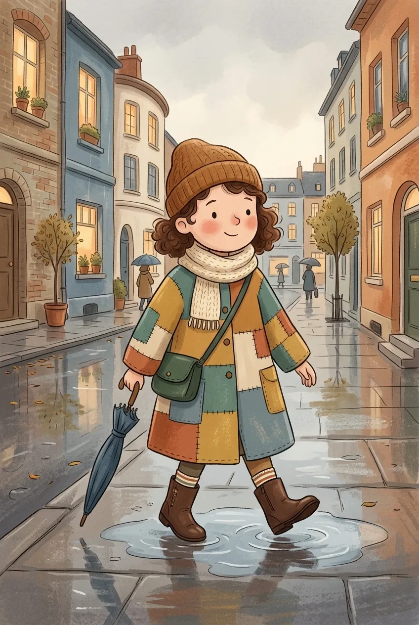 Young city explorer wearing a colorful patchwork coat, knitted scarf, ankle boots, and satchel on a rainy neighborhood street in a children's book illustration.