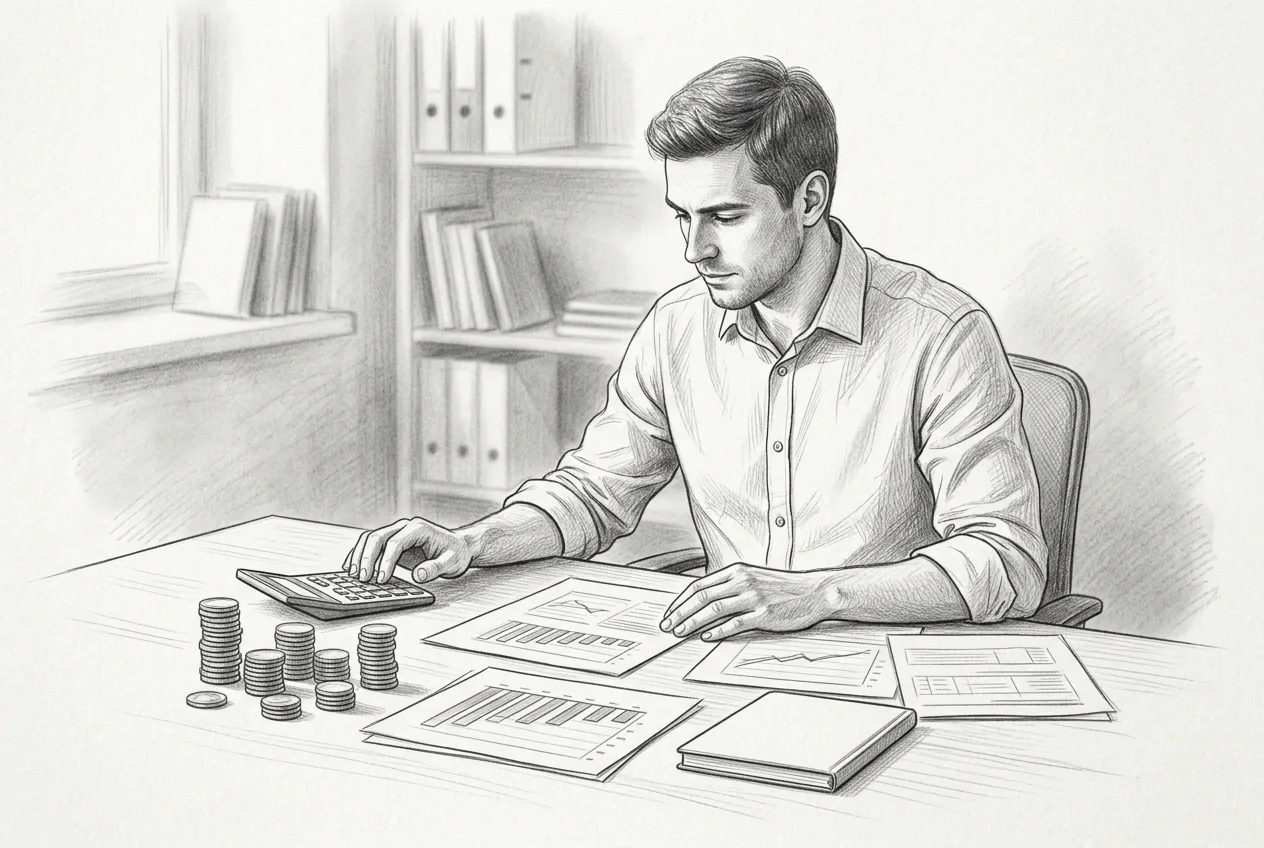 Pencil sketch of a business analyst planning a budget at an office desk with a calculator, coin stacks, documents, and unlabeled financial charts.