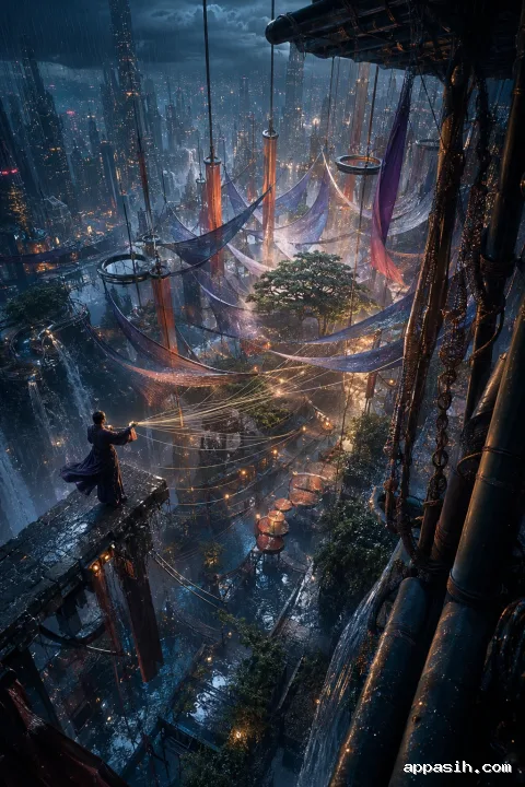 Solitary adult standing on a suspended rooftop platform during a blue-hour storm, releasing luminous threads into wind-responsive membranes above a rain-soaked city.