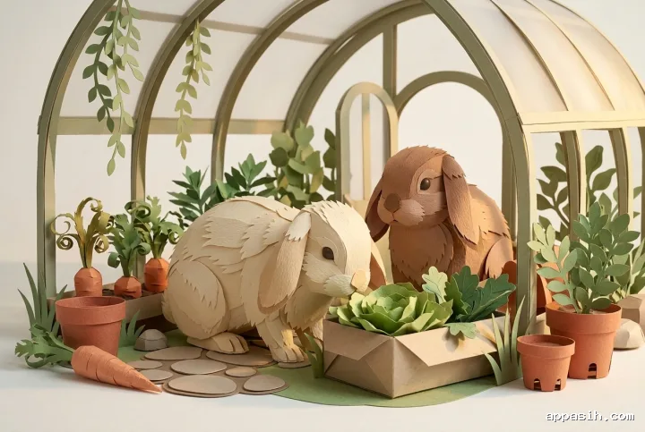 Closer papercraft view of two lop-eared pet rabbits beside a paper vegetable planter inside the same cozy layered greenhouse garden.