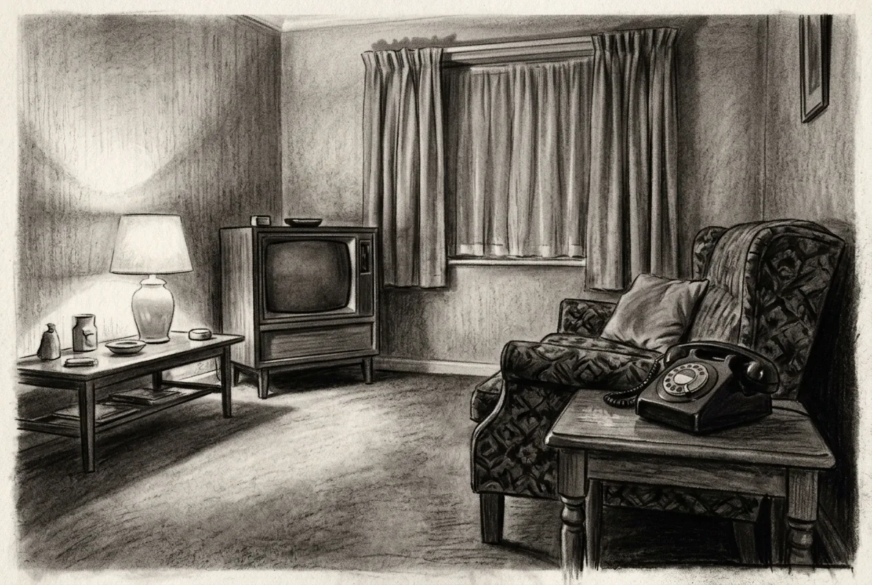 Charcoal drawing of a 1970s living room with a rotary telephone, wooden tube television, patterned armchair, coffee table, and glowing table lamp.
