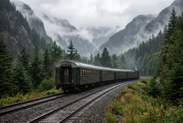 Scenic passenger train traveling on wet railway tracks through a misty pine-covered mountain valley during light rain.