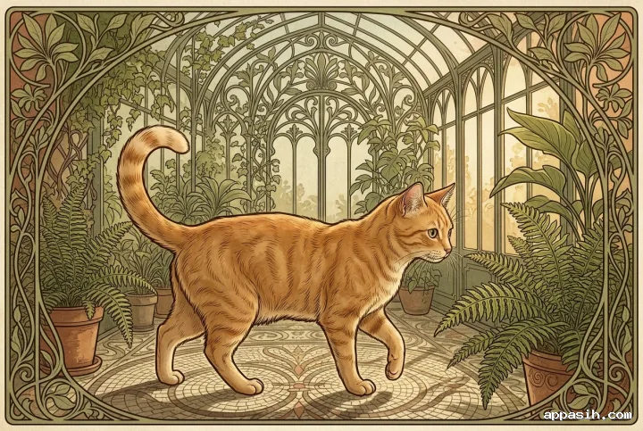 Ginger cat stepping beside a fern in the same glass conservatory, shown in a closer Retro Art Nouveau composition with warm side lighting and decorative botanical framing.