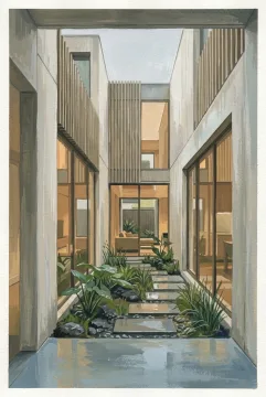 Portrait gouache painting of a contemporary concrete atrium house surrounding a lush rain garden with timber screens, wet stepping stones, and warm interior lighting.