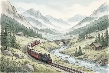 Hand-drawn doodle mountain railway curving through a misty alpine valley with pine forests, a stone bridge, cabins, and distant peaks.
