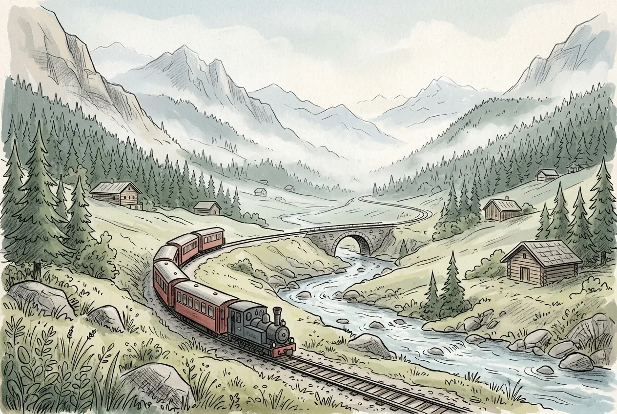 Hand-drawn doodle mountain railway curving through a misty alpine valley with pine forests, a stone bridge, cabins, and distant peaks.