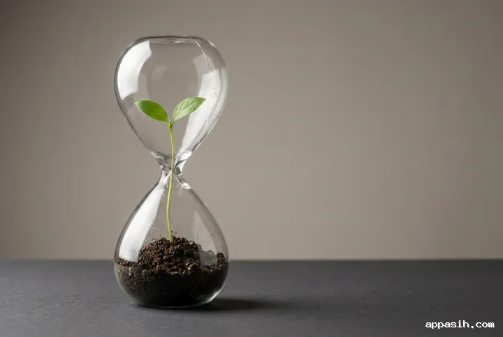 Close three-quarter studio view of a cracked glass hourglass containing dark soil and a young green seedling against a warm gray background.