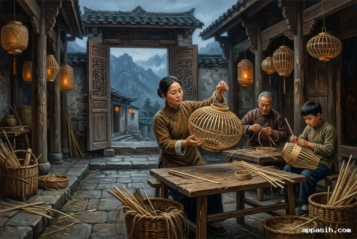 Oil painting showing a closer view of traditional lantern weavers shaping bamboo lanterns in the same mountain heritage courtyard under warm dusk light.