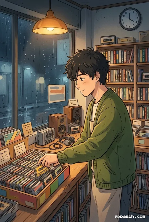 Detailed anime-inspired cartoon of a young shopkeeper placing a cassette into a display tray inside a warm retro music shop during a rainy night.