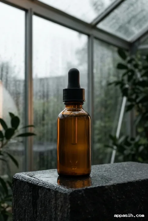 Close cinematic view of an amber glass dropper bottle on a wet basalt pedestal in a rain-streaked greenhouse.