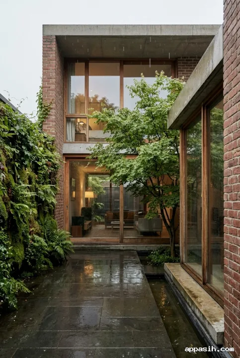 Closer photorealistic view of the same rain-soaked brick courtyard house with vertical greenery, ornamental tree, concrete overhangs, wet paving, and warm timber-framed glazing.