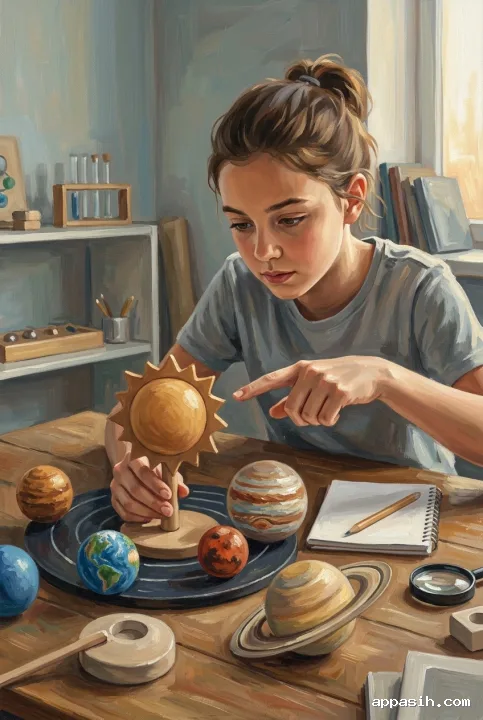 Detailed acrylic painting of a young student pointing at a tabletop solar system model in a warm, softly lit science classroom.