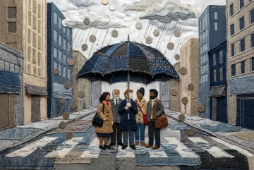 Commuters shelter beneath a large embroidered umbrella as metallic coins fall over a rainy textile city crosswalk.