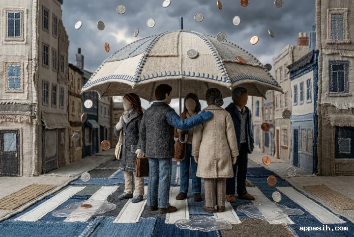 A closer textile-art view of commuters sharing a hand-stitched umbrella while metallic coins fall across a rainy embroidered city crosswalk.