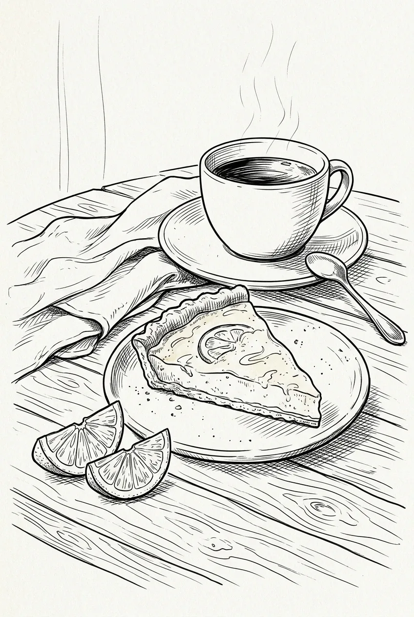 Line art drawing of a citrus tart slice with a ceramic cup of tea, citrus wedges, spoon, and folded napkin on a cafe table.