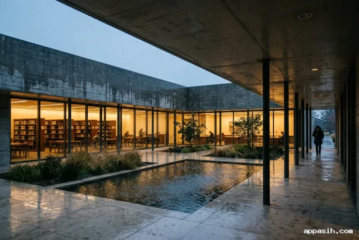Closer cinematic three-quarter view of the same rainlit public library courtyard, showing its cantilevered concrete roof, glass reading rooms, reflecting water, wet stone, and warm interior illumination.