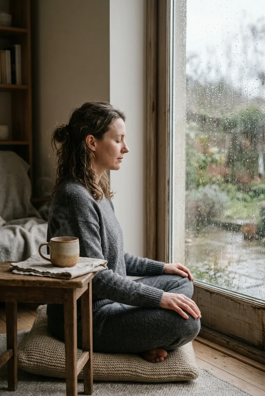 Woman practicing mindfulness beside a rainy window with a steaming cup of herbal tea in fine art photography.