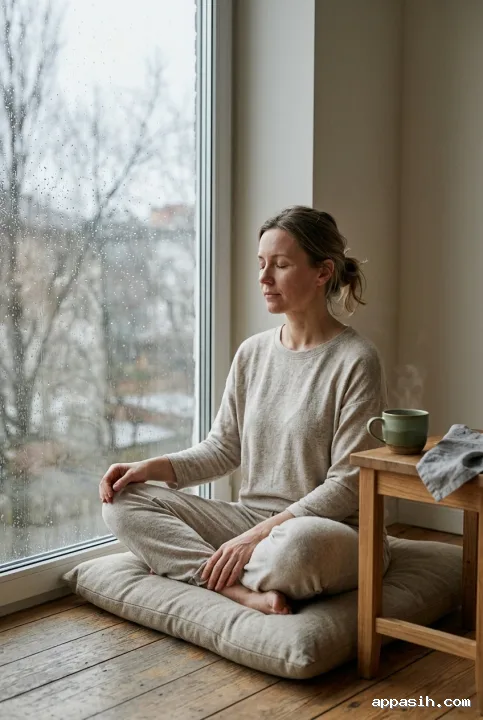 Closer fine art photograph of a woman meditating beside a rain-streaked window with steaming herbal tea and soft overcast light.