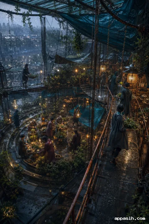 A high-angle view of neighbors exchanging plants across illuminated rooftop greenhouse terraces during a dramatic monsoon evening.