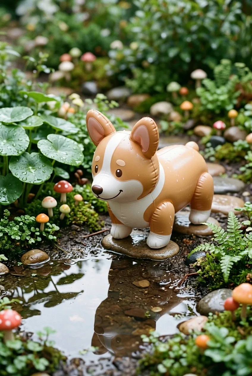 Inflatable 3D corgi standing beside a reflective puddle in a rainy miniature garden with oversized leaves and rounded stepping stones.