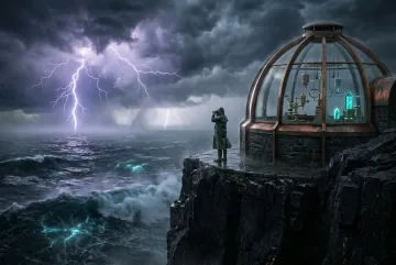 Cinematic stormglass observatory on a black basalt cliff above a lightning-filled ocean, with a lone weather keeper watching the electric storm.