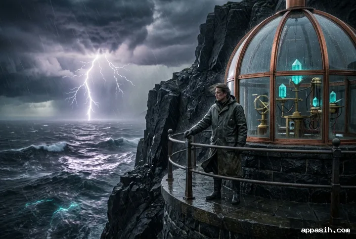 Closer cinematic view of a stormglass observatory and lone weather keeper on a rain-soaked basalt cliff above an electrically illuminated storm sea.