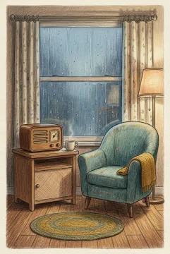 Colored pencil drawing of a 1950s living room with a wooden tabletop radio, cozy armchair, steaming cup, floor lamp, and rain-streaked window.