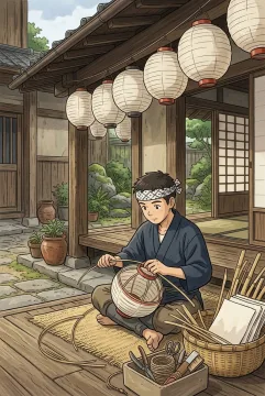 Anime-inspired cartoon of a lantern artisan weaving a bamboo lantern frame in a traditional wooden courtyard before a cultural festival.