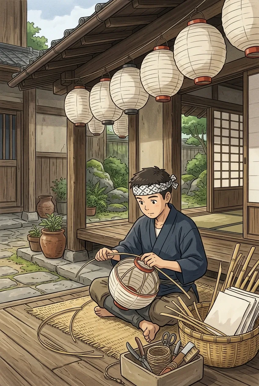 Anime-inspired cartoon of a lantern artisan weaving a bamboo lantern frame in a traditional wooden courtyard before a cultural festival.