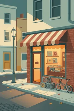 Flat illustration of a nostalgic corner record shop with vinyl displays, striped awning, bicycle, and warm window light at dusk.
