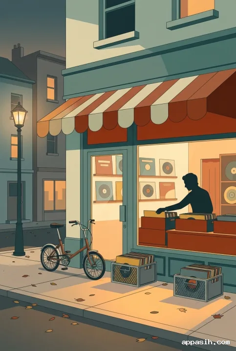 Closer flat illustration of the same nostalgic corner record shop with vinyl displays, bicycle, shopkeeper silhouette, and warm amber light spilling onto the dusk street.